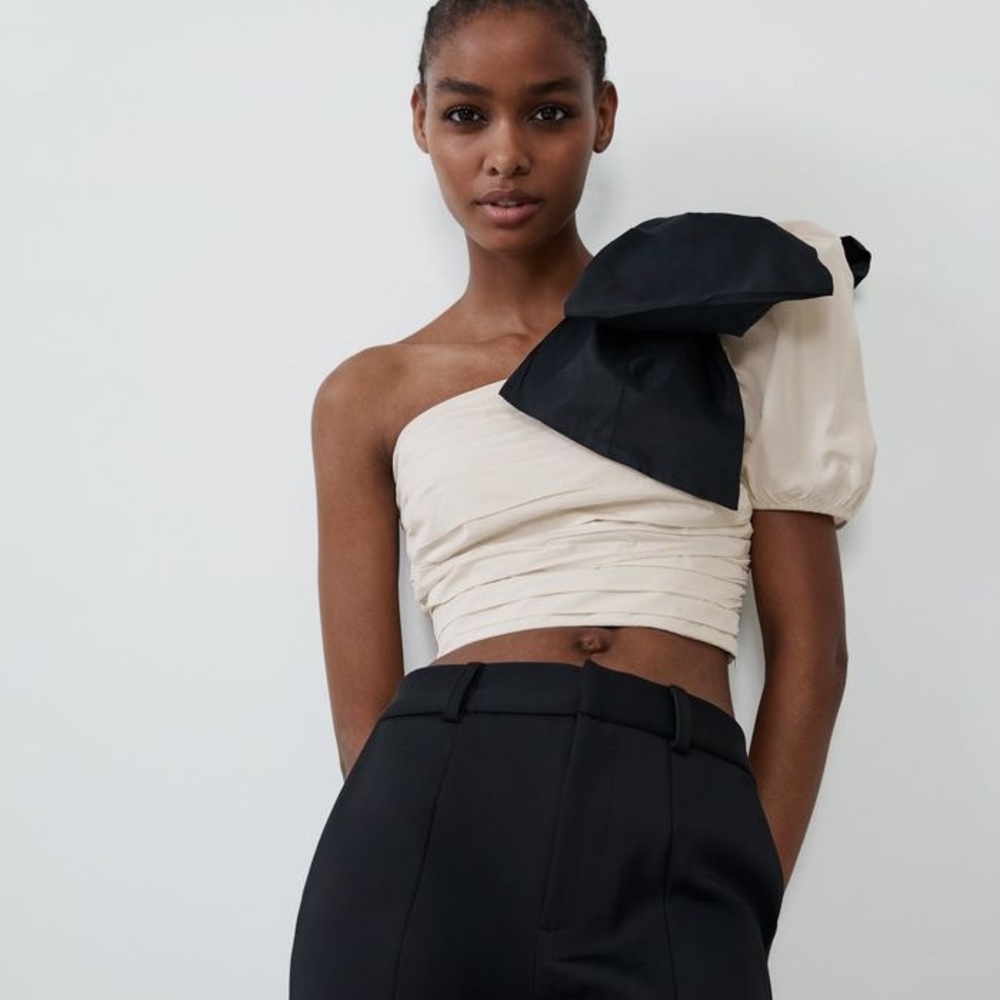 Zara One-Shoulder Black and Cream Top with Bow